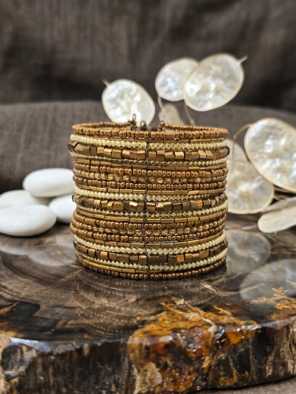 Beaded Stacked Cuff Bracelet Gold Silver Boho Chic Handmade Indian Artisan 2.25"